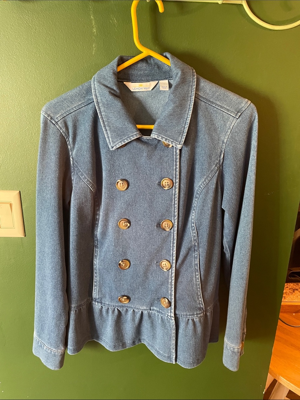Lemon Way  Double-Breasted Denim Peplum Jacket Size Small